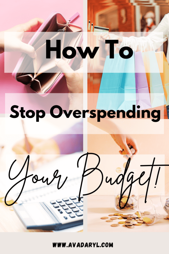 an empty pink wallet, multiple shopping bags, a calculator, and a glass spilling coins out, how to stop overspending your budget